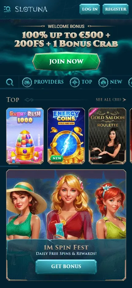 Lobby mobile di Slotuna Casino con banner del bonus e giochi top